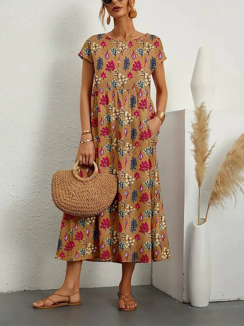 Cotton and linen skirt summer new women's loose round neck printed pocket dress