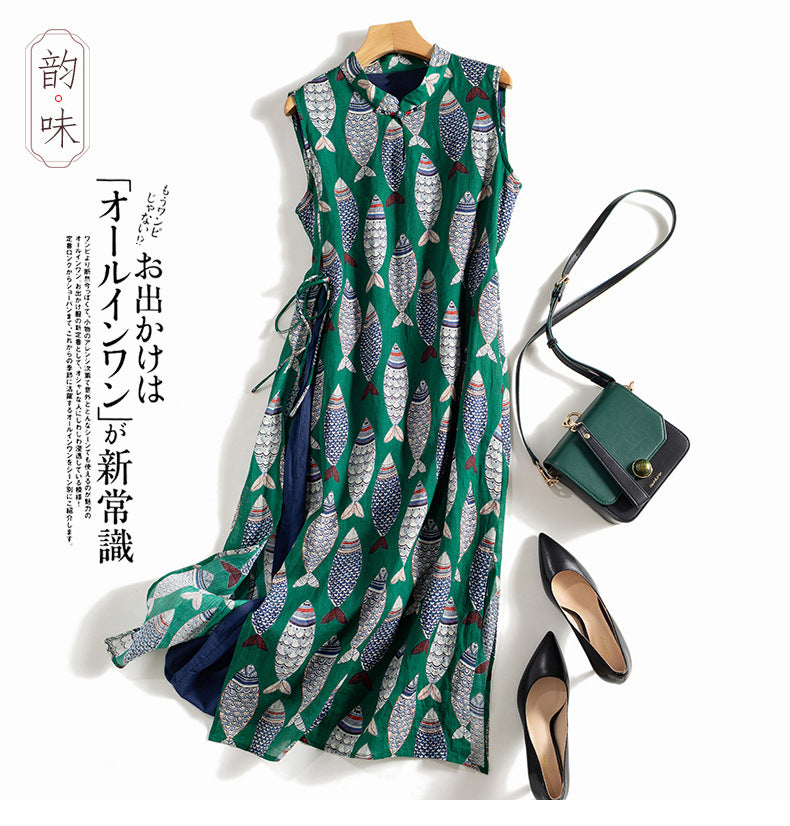 Women's improved cheongsam cotton and linen robe sleeveless ramie dress