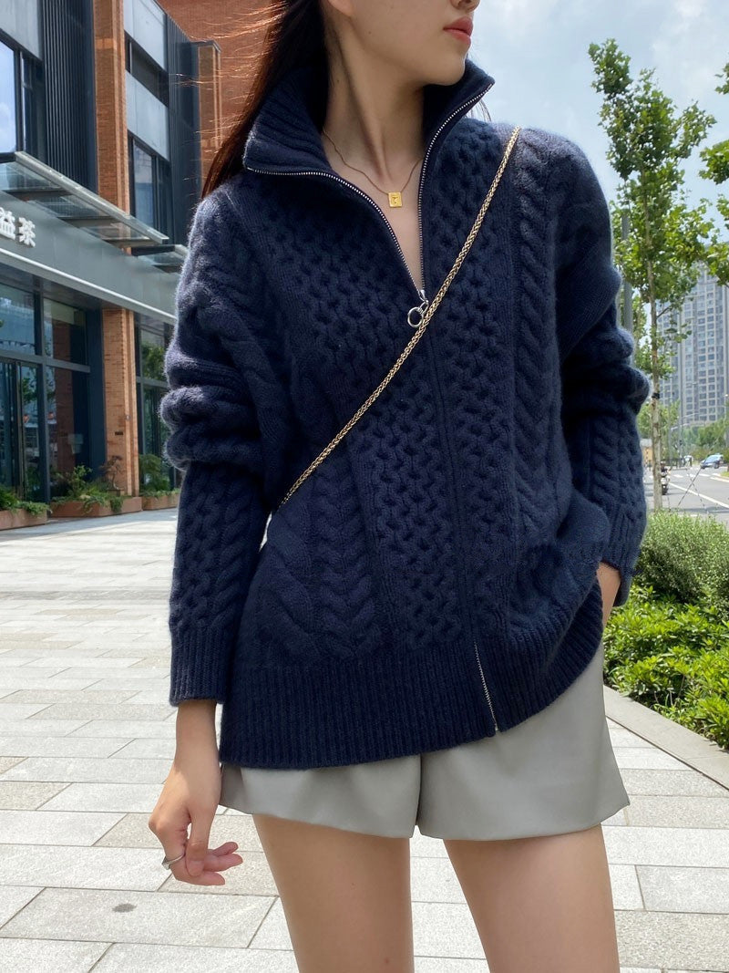 Thickened wool sweater women's fleece turtleneck zipper sweater cardigan lazy loose twist knitted top jacket