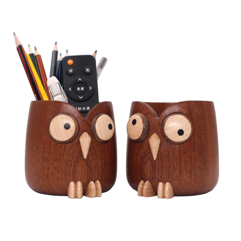 Owl Pen Holder Wooden Pen Holder Makeup Brush Storage Bucket Desktop Ornament Desk Pen Holder Office Stationery Pencil Case