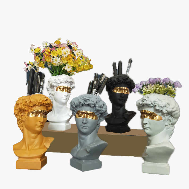 Small Resin Gypsum Head Vase Blindfolded Pirate David Makeup Brush Pen Holder Storage Box Succulent Plant Flower Vat