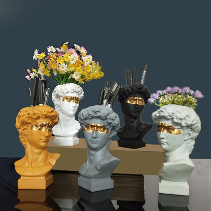 Small Resin Gypsum Head Vase Blindfolded Pirate David Makeup Brush Pen Holder Storage Box Succulent Plant Flower Vat