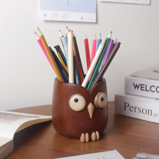 Owl Pen Holder Wooden Pen Holder Makeup Brush Storage Bucket Desktop Ornament Desk Pen Holder Office Stationery Pencil Case