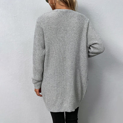 Autumn and winter women's knitted sweater solid color pocket sweater women's cardigan jacket