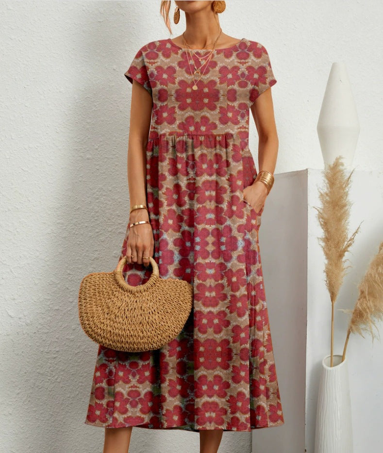 Cotton and linen skirt summer new women's loose round neck printed pocket dress