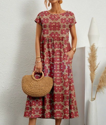 Cotton and linen skirt summer new women's loose round neck printed pocket dress