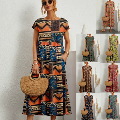 Cotton and linen skirt summer new women's loose round neck printed pocket dress