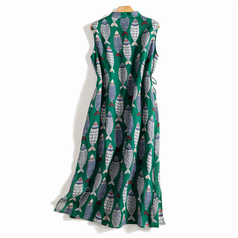 Women's improved cheongsam cotton and linen robe sleeveless ramie dress