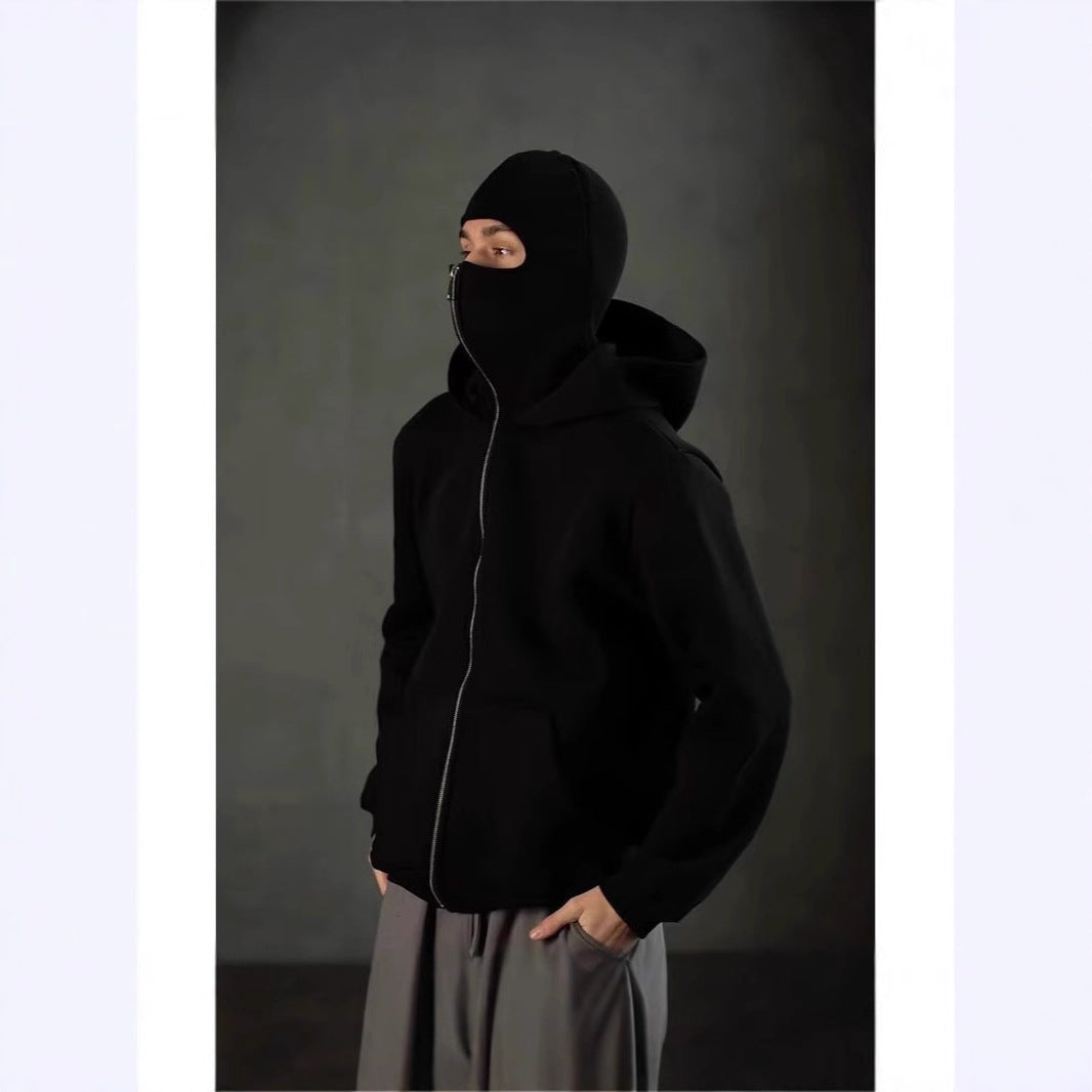New masked design double-layer hooded zipper sweater jacket loose street men and women couples