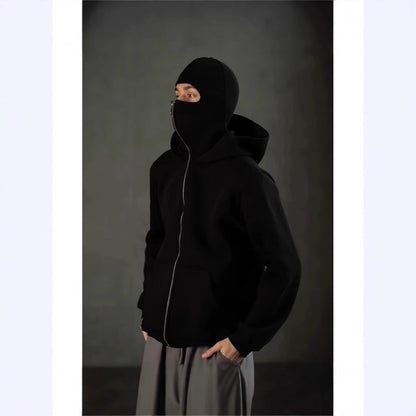New masked design double-layer hooded zipper sweater jacket loose street men and women couples