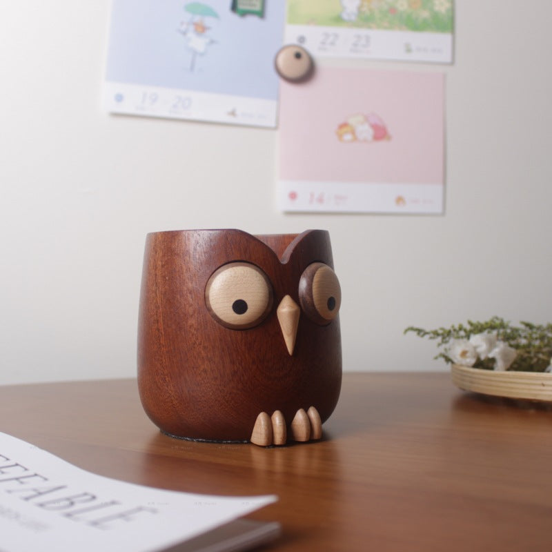 Owl Pen Holder Wooden Pen Holder Makeup Brush Storage Bucket Desktop Ornament Desk Pen Holder Office Stationery Pencil Case