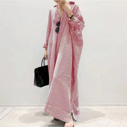 New cotton and linen striped cardigan loose large size temperament commuting irregular dress