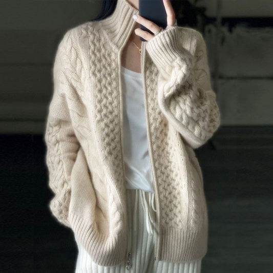 Thickened wool sweater women's fleece turtleneck zipper sweater cardigan lazy loose twist knitted top jacket