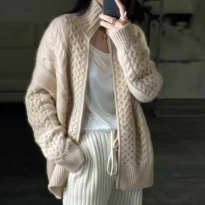 Thickened wool sweater women's fleece turtleneck zipper sweater cardigan lazy loose twist knitted top jacket