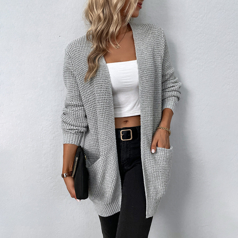Autumn and winter women's knitted sweater solid color pocket sweater women's cardigan jacket