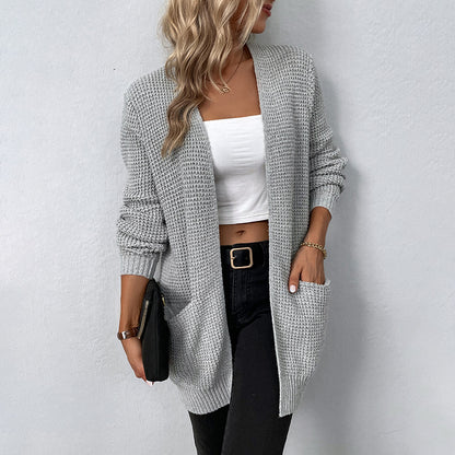 Autumn and winter women's knitted sweater solid color pocket sweater women's cardigan jacket