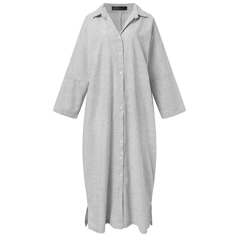New cotton and linen striped cardigan loose large size temperament commuting irregular dress