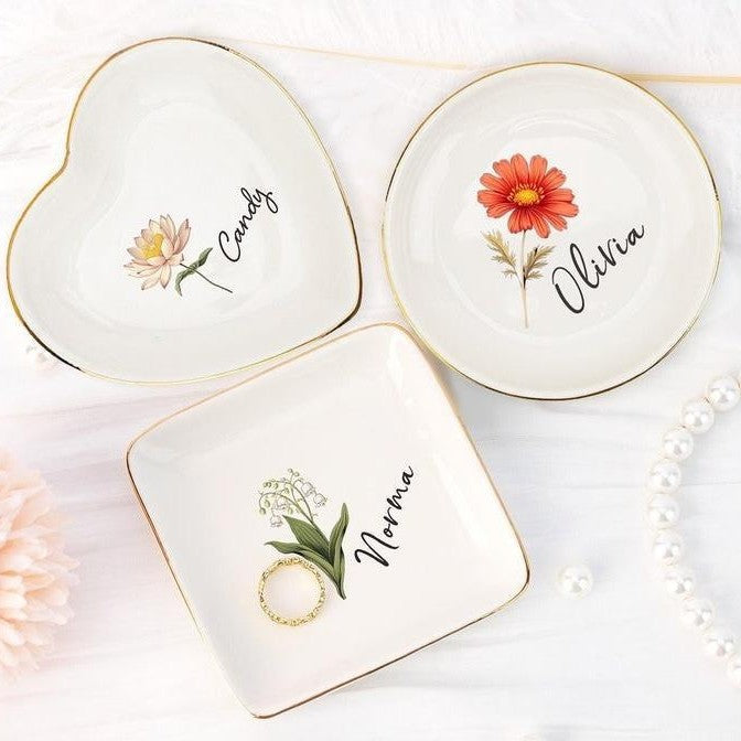 Birthday Flowers and Name Ceramic Ring Plate Jewelry Plate Necklace Storage