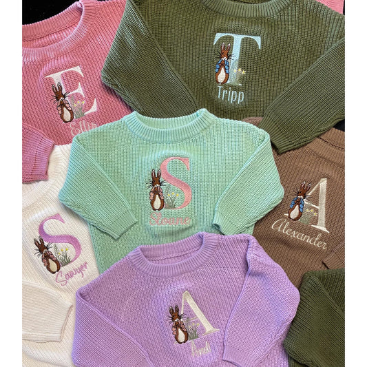 With Embroidery, Peter Rabbit Sweater - Name Embroidery, Children's Sweater, Cotton, Baby, Easter Sweater