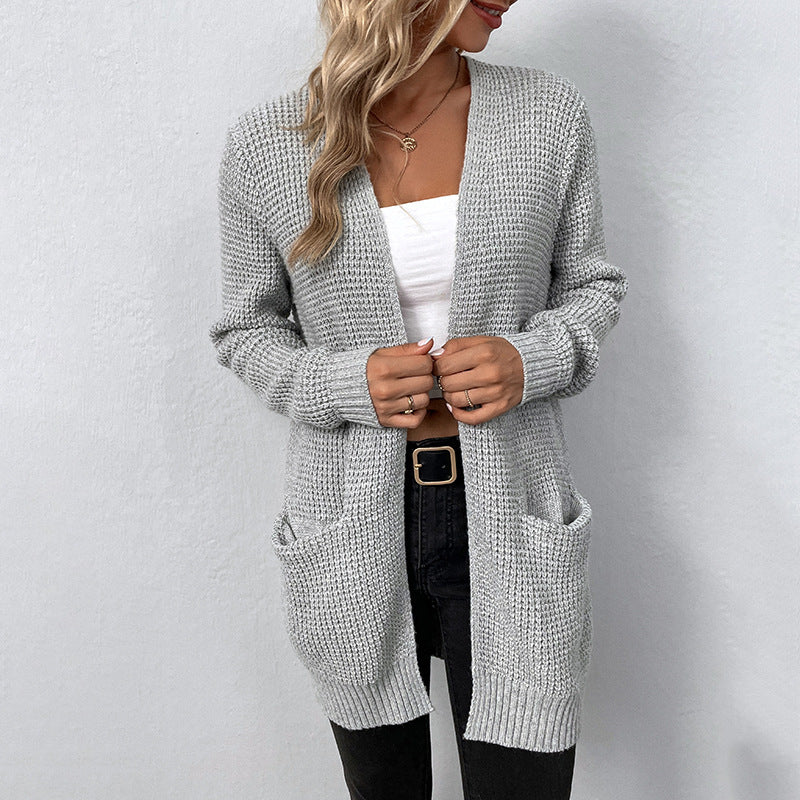 Autumn and winter women's knitted sweater solid color pocket sweater women's cardigan jacket