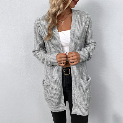 Autumn and winter women's knitted sweater solid color pocket sweater women's cardigan jacket