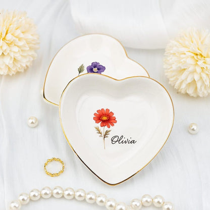 Birthday Flowers and Name Ceramic Ring Plate Jewelry Plate Necklace Storage