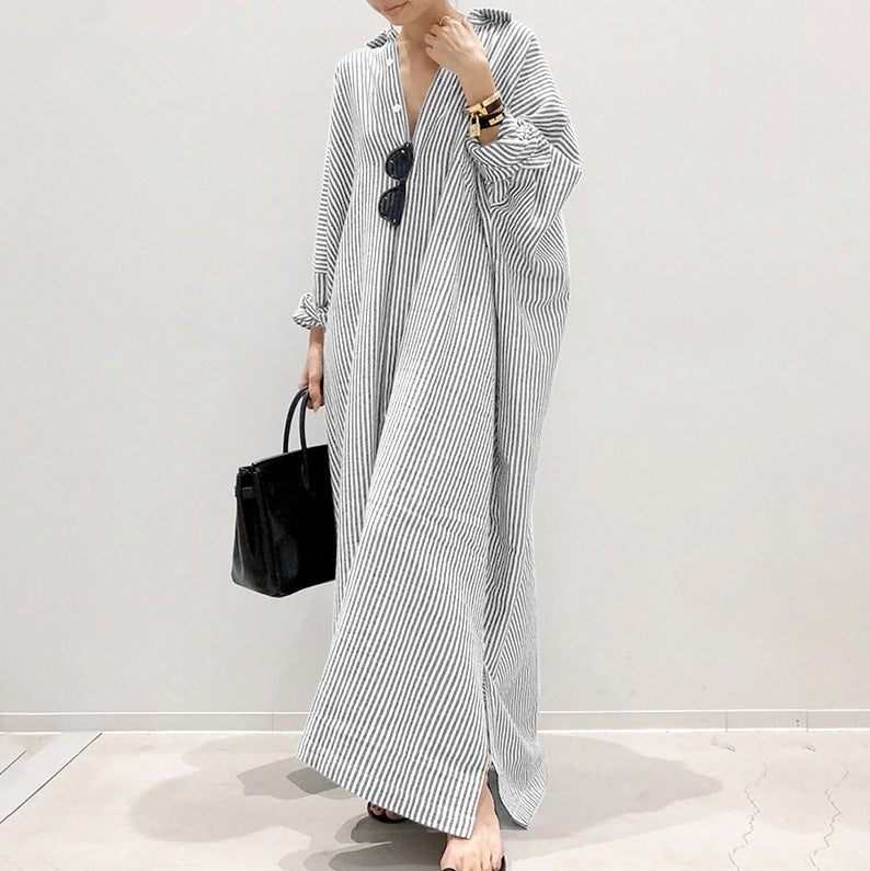 New cotton and linen striped cardigan loose large size temperament commuting irregular dress