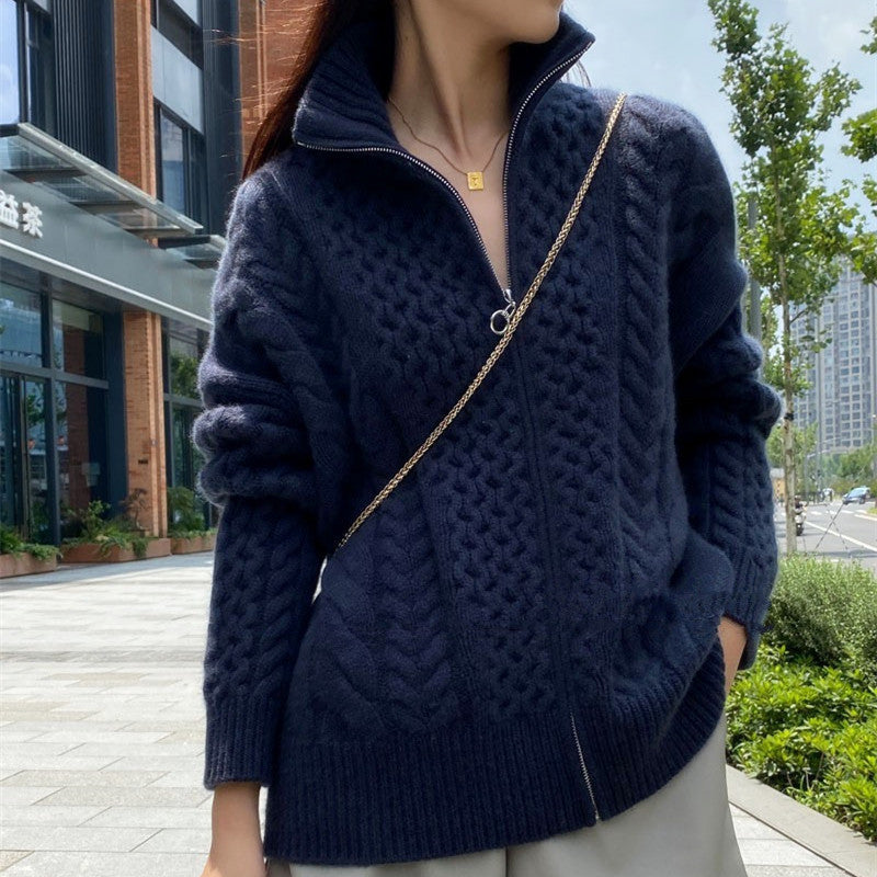 Thickened wool sweater women's fleece turtleneck zipper sweater cardigan lazy loose twist knitted top jacket