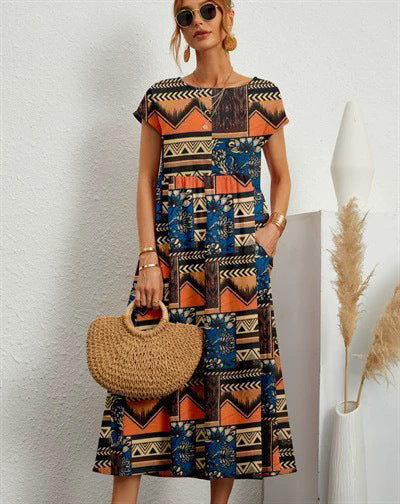 Cotton and linen skirt summer new women's loose round neck printed pocket dress