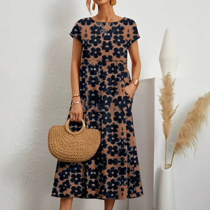 Cotton and linen skirt summer new women's loose round neck printed pocket dress