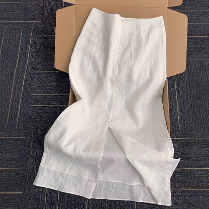 High-end white tencel cotton linen skirt women's summer new high-waisted long slit ramie skirt
