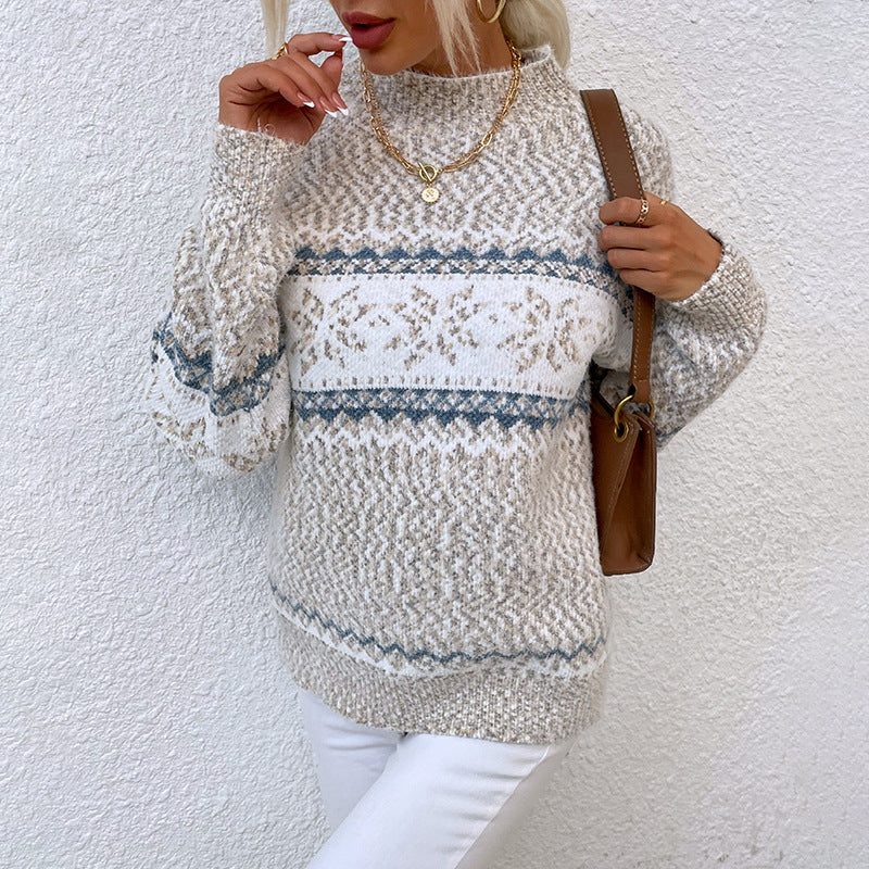 Christmas knitted sweater autumn and winter semi-turtleneck snowflake sweater women