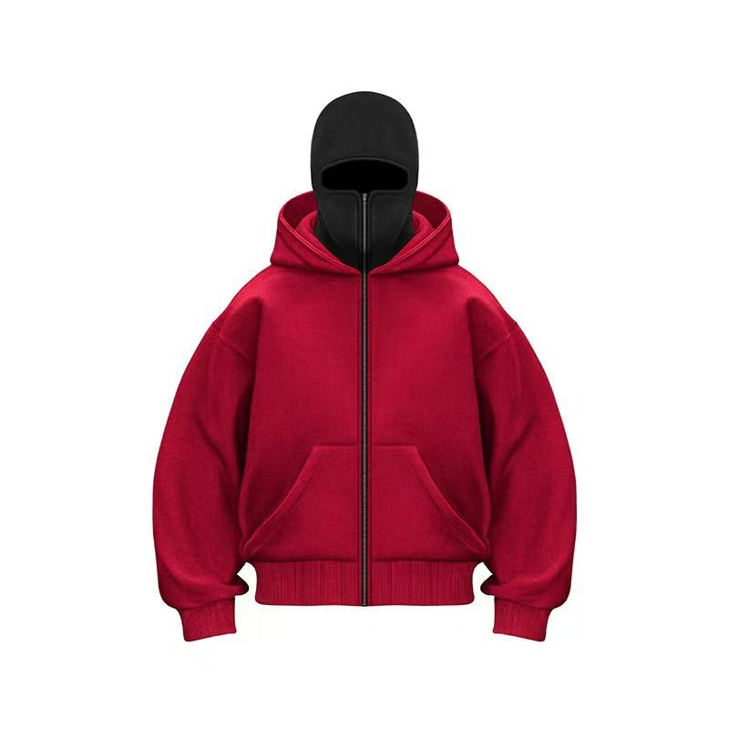 New masked design double-layer hooded zipper sweater jacket loose street men and women couples