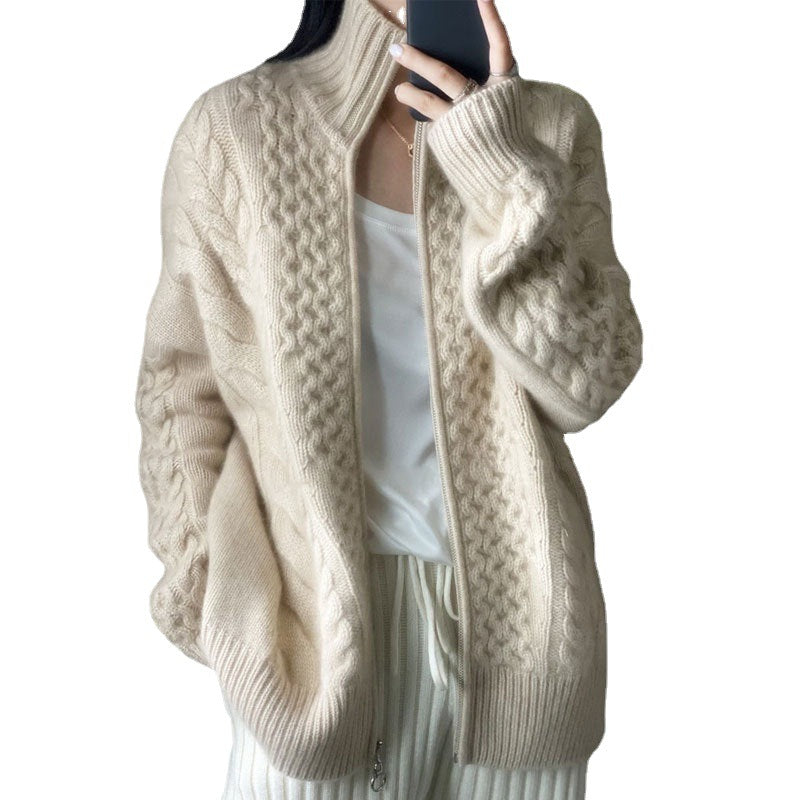Thickened wool sweater women's fleece turtleneck zipper sweater cardigan lazy loose twist knitted top jacket