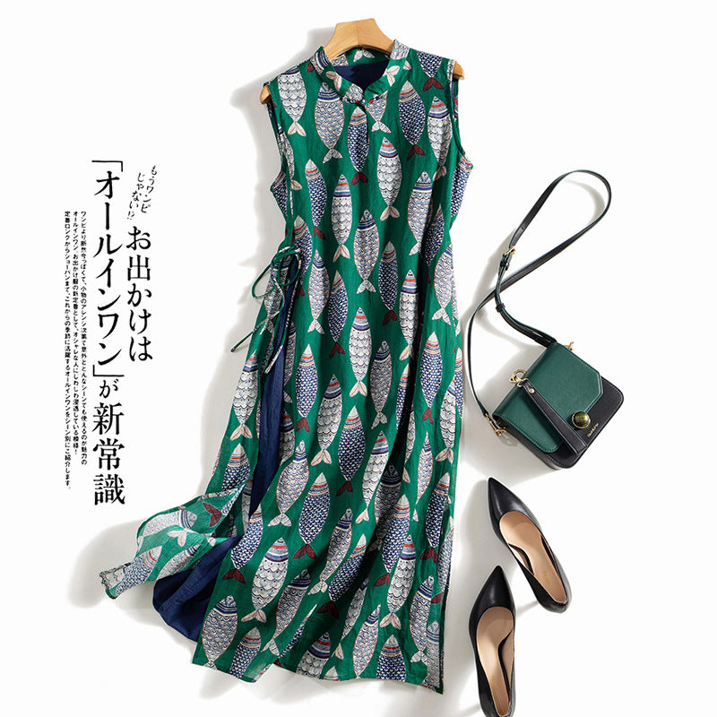 Women's improved cheongsam cotton and linen robe sleeveless ramie dress