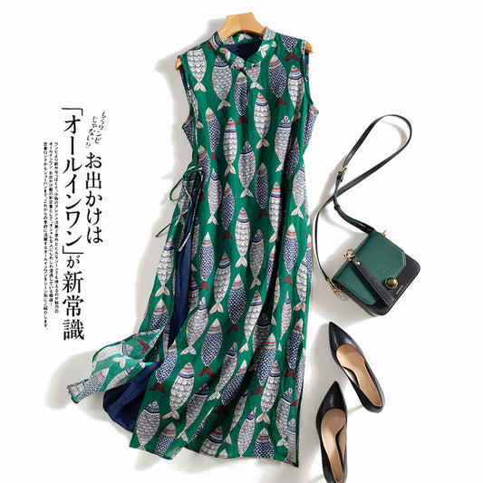 Women's improved cheongsam cotton and linen robe sleeveless ramie dress