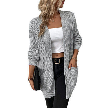 Autumn and winter women's knitted sweater solid color pocket sweater women's cardigan jacket