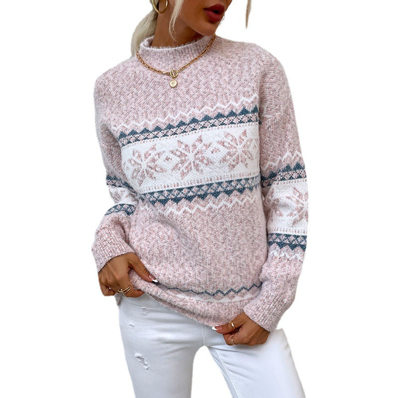 Christmas knitted sweater autumn and winter semi-turtleneck snowflake sweater women