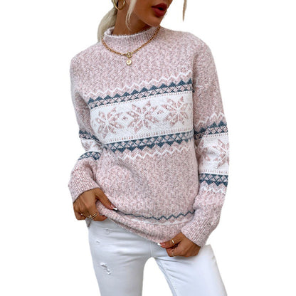 Christmas knitted sweater autumn and winter semi-turtleneck snowflake sweater women