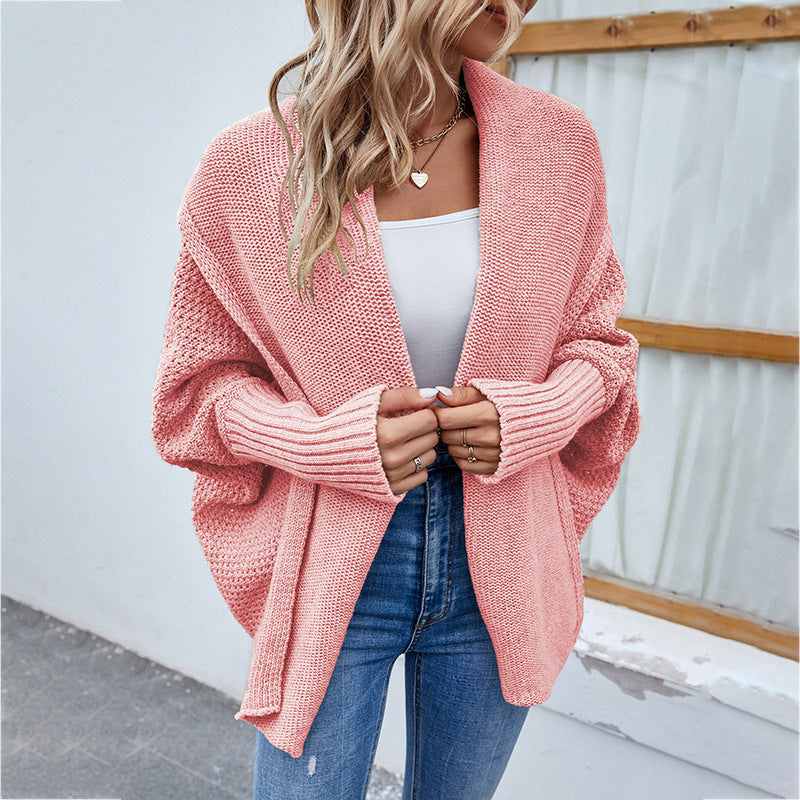 Women's Knitted Sweater Solid Color Bat Sleeve Sweater Cardigan Jacket Women's