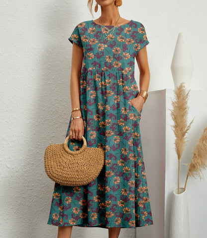 Cotton and linen skirt summer new women's loose round neck printed pocket dress