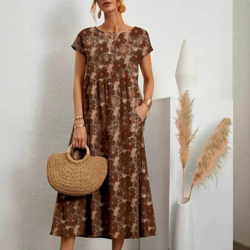 Cotton and linen skirt summer new women's loose round neck printed pocket dress
