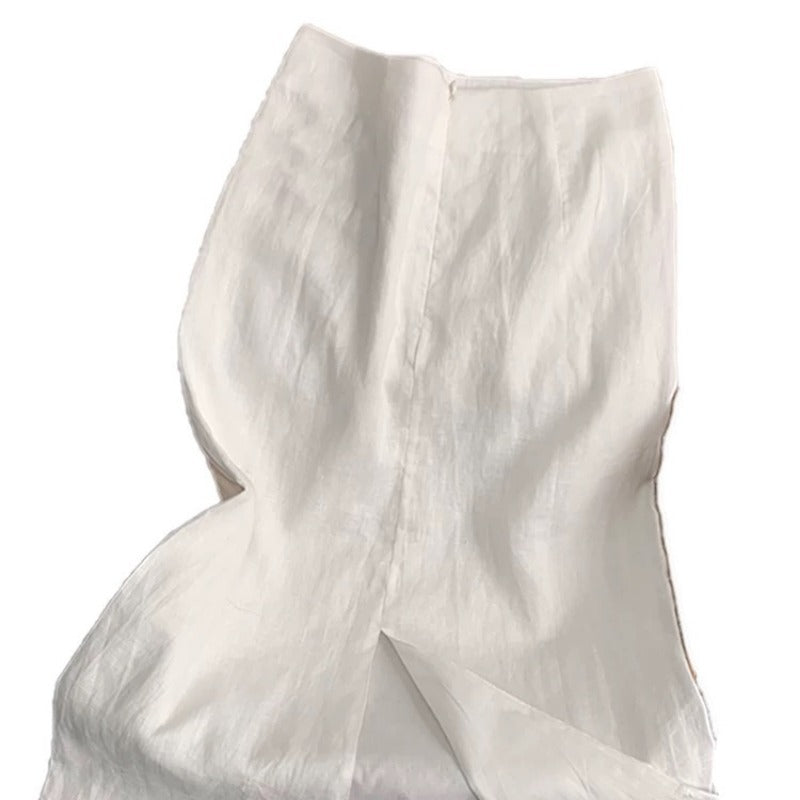 High-end white tencel cotton linen skirt women's summer new high-waisted long slit ramie skirt