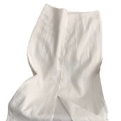 High-end white tencel cotton linen skirt women's summer new high-waisted long slit ramie skirt