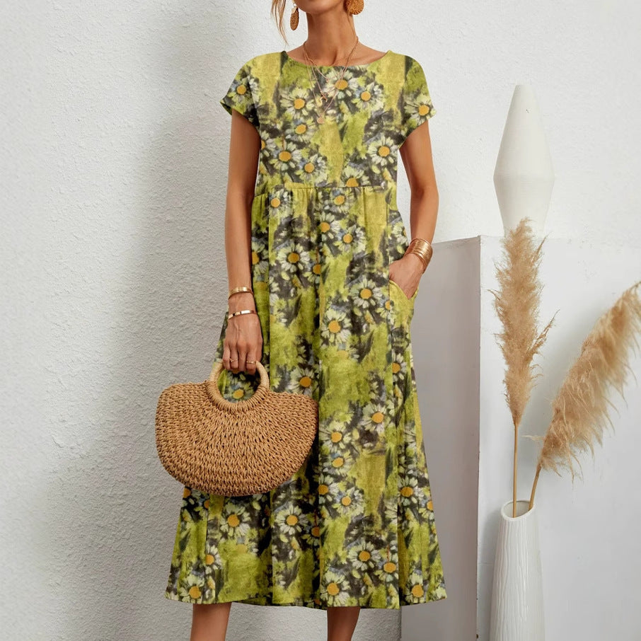 Cotton and linen skirt summer new women's loose round neck printed pocket dress