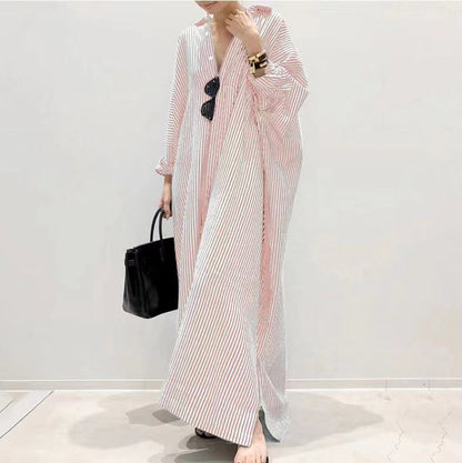 New cotton and linen striped cardigan loose large size temperament commuting irregular dress