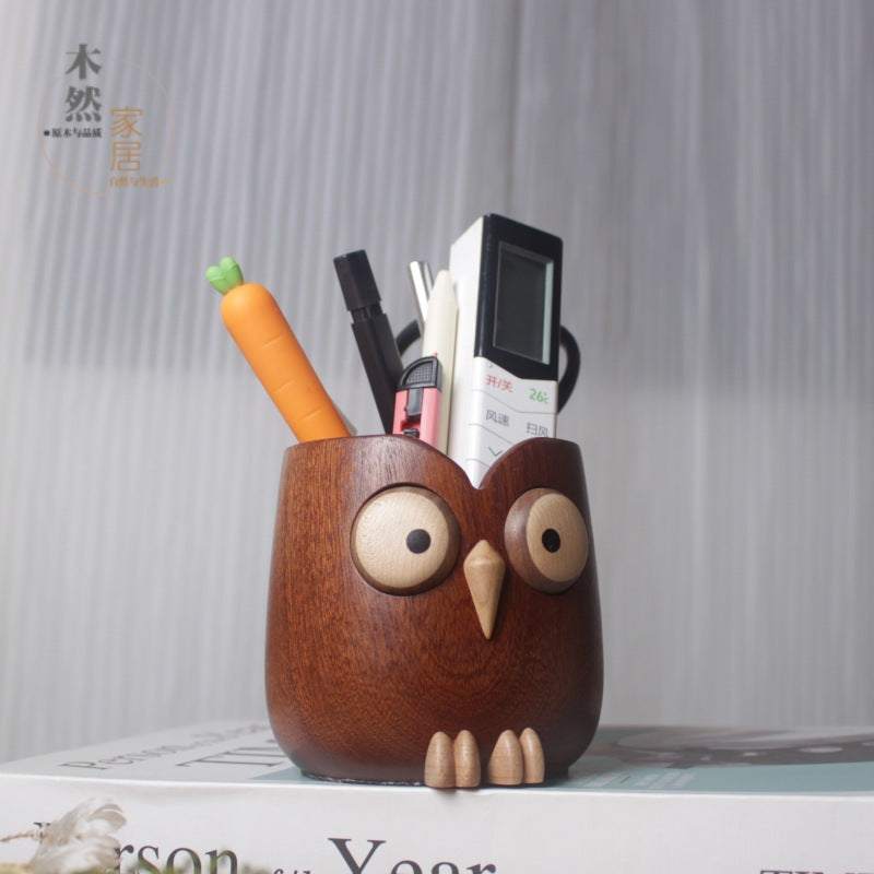 Owl Pen Holder Wooden Pen Holder Makeup Brush Storage Bucket Desktop Ornament Desk Pen Holder Office Stationery Pencil Case