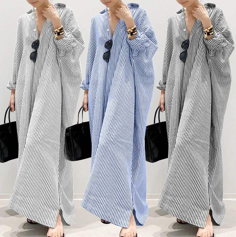 New cotton and linen striped cardigan loose large size temperament commuting irregular dress