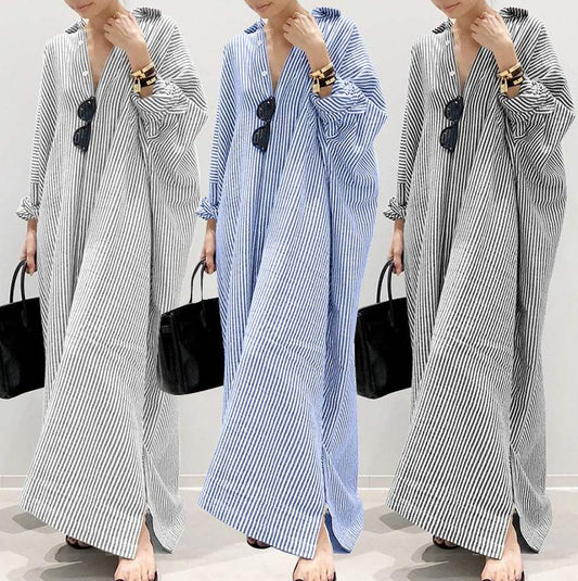 New cotton and linen striped cardigan loose large size temperament commuting irregular dress