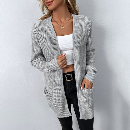 Autumn and winter women's knitted sweater solid color pocket sweater women's cardigan jacket